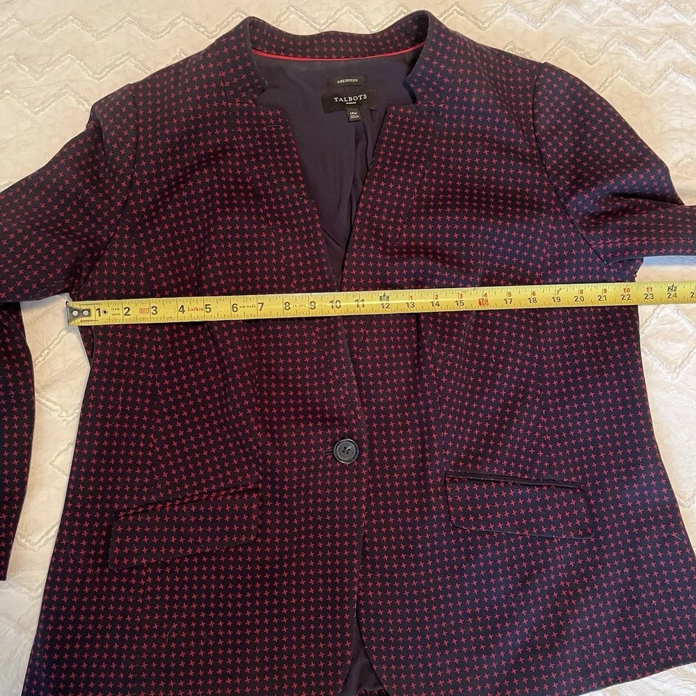 Talbots Aberdeen Knit 1 Button Blazer Jacket 14W‎ Navy Blue Red Mandarin Collar